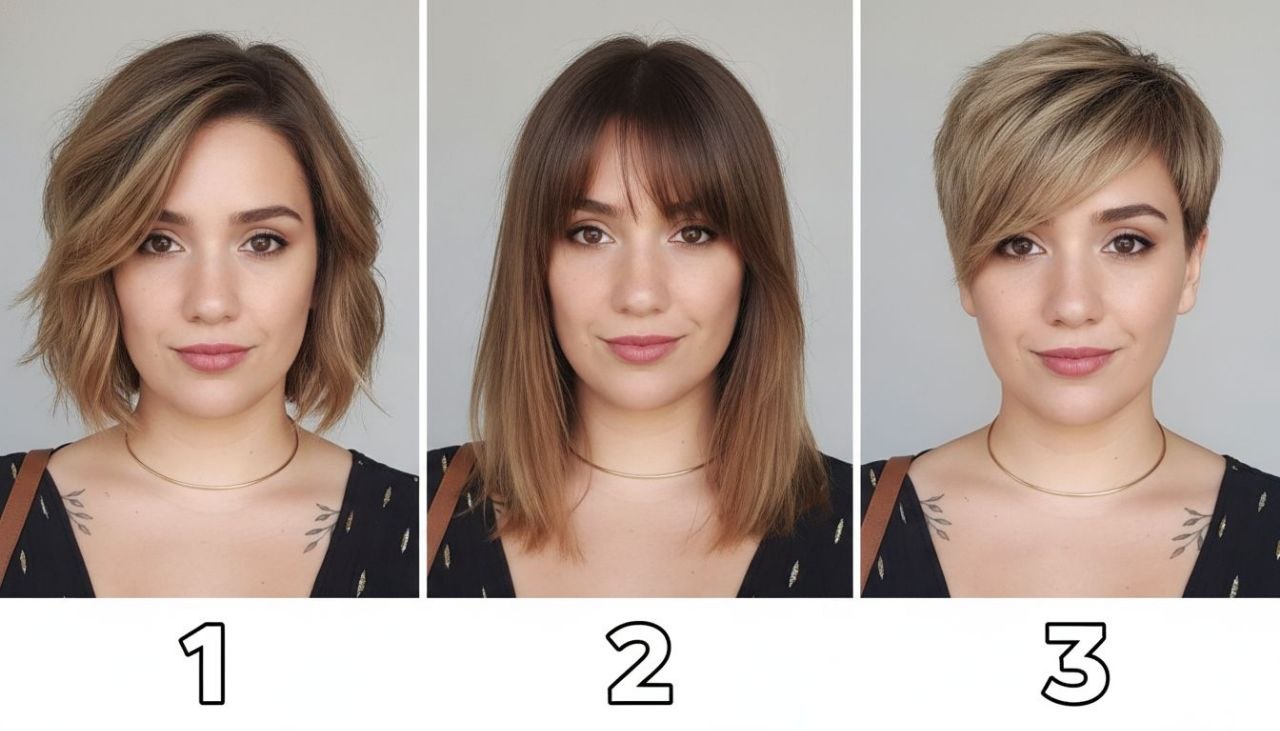 Selfie di una cliente — tre proposte di taglio numerate 1, 2, 3